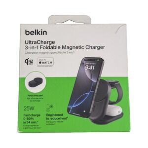 P8O Belkin 3-in-1 Foldable Magnetic Charging Stand 25W Qi2 MagSafe iPhone Black